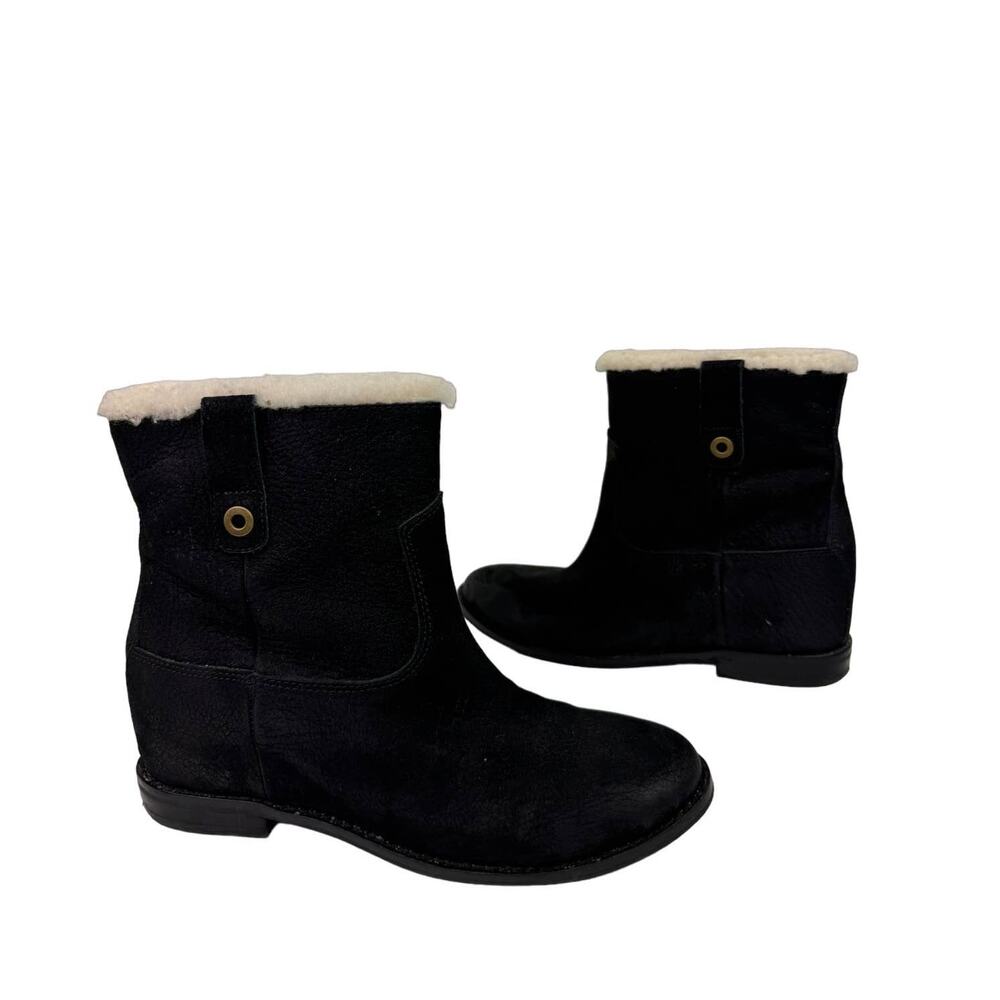 COLE HAAN Zillie Black Suede Leather Shearling Lined Pull On Wedge Booties 6.5